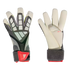 Front and back views of grey and white Adidas goalkeeper gloves with red accents. One side shows the textured backhand with logo, the other shows the white palm.