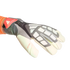 An Adidas goalkeeper glove in grey and white with orange accents, featuring the brand logo and "URG 2.0+" text on the thumb, worn on a hand against a black background.