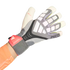 A person's hand wearing a grey and white Adidas Predator goalkeeper glove with a red wrist strap, set against a solid black background.