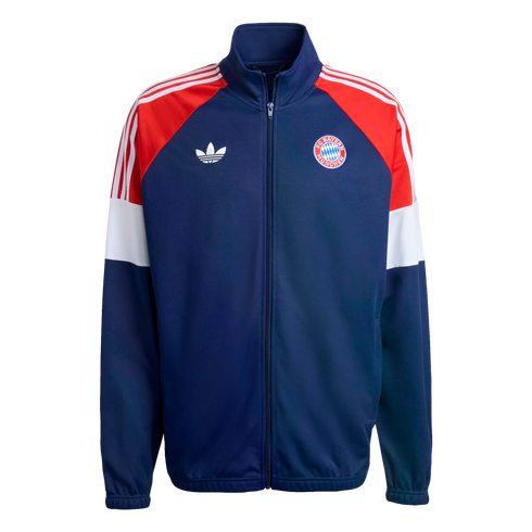Navy blue Adidas FC Bayern München track jacket with red and white color-blocked sleeves, featuring the team crest and Trefoil logo.