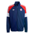Navy blue Adidas FC Bayern München track jacket with red and white color-blocked sleeves, featuring the team crest and Trefoil logo.