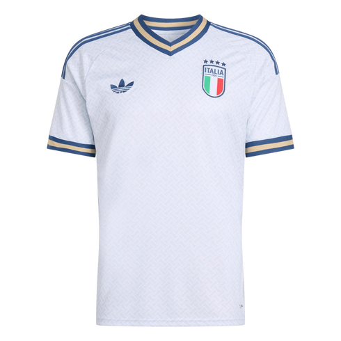 White Italy national team soccer jersey with blue and gold trim on the collar and sleeves. Features the Adidas trefoil logo and the Italian crest with four stars.