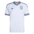 White Italy national team soccer jersey with blue and gold trim on the collar and sleeves. Features the Adidas trefoil logo and the Italian crest with four stars.