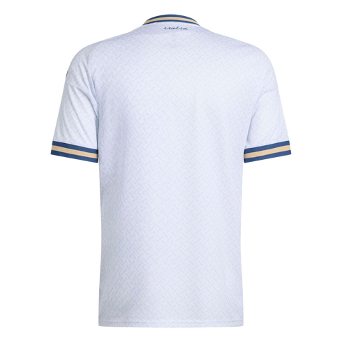 Back view of a white Italy soccer jersey with a subtle pattern and blue and gold striped trim on the collar and cuffs. Small "italia" text is at the neck.