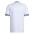 Back view of a white Italy soccer jersey with a subtle pattern and blue and gold striped trim on the collar and cuffs. Small "italia" text is at the neck.