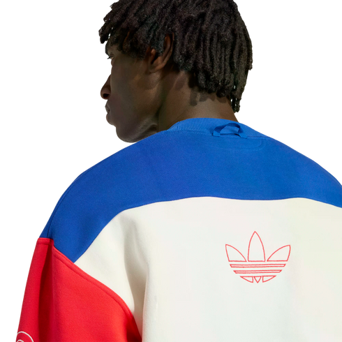 A back view of a person with dreadlocks wearing a blue, white, and red color-blocked Adidas sweatshirt with a large red Trefoil logo outline on the back.