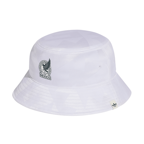 White bucket hat with a subtle tonal pattern, featuring the Mexico national football team logo and a small Adidas tag on the brim. Black background.