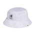 White bucket hat with a subtle tonal pattern, featuring the Mexico national football team logo and a small Adidas tag on the brim. Black background.