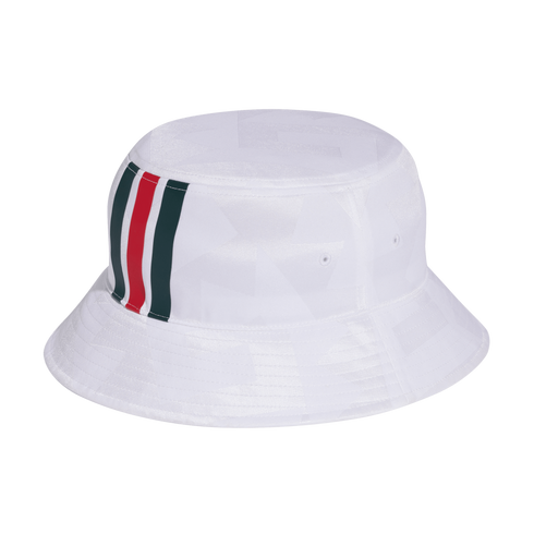 A white bucket hat featuring a subtle tonal pattern and green and red vertical stripes on the side.
