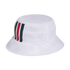 A white bucket hat featuring a subtle tonal pattern and green and red vertical stripes on the side.