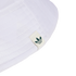 Close-up of the brim of a white bucket hat featuring a small off-white tag with a dark green Adidas Trefoil logo. Set against a solid black background.
