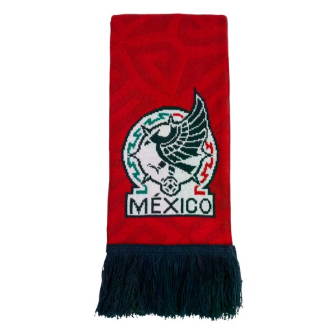 A red knit scarf featuring the Mexico national football team crest and the word "MÉXICO" above dark blue fringe.