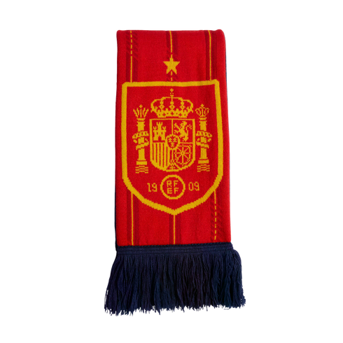 Red scarf featuring the yellow Spanish national football team crest with a gold star above and dark blue fringe at the bottom. Includes the year 1909.
