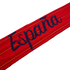 Red fabric band with "España" in navy blue cursive lettering and thin yellow stripes, isolated on black.