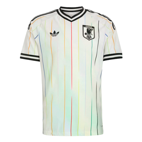 White Adidas Japan soccer jersey featuring vertical rainbow pinstripes, black trefoil logo, and JFA crest.