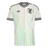 White Adidas Japan soccer jersey featuring vertical rainbow pinstripes, black trefoil logo, and JFA crest.