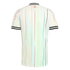 Back view of a white soccer jersey with multi-colored pinstripes, black and white striped collar and cuffs, and a small Japanese flag emblem on the upper back.