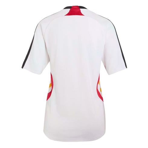 Back view of a white short-sleeved athletic jersey with black sleeve stripes and red and yellow accents on the neck and sides.