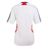 Back view of a white short-sleeved athletic jersey with black sleeve stripes and red and yellow accents on the neck and sides.