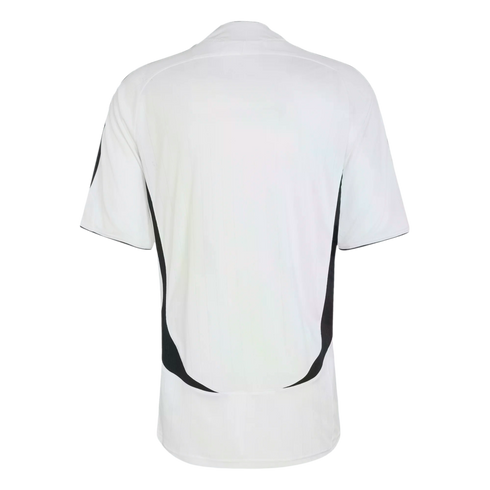 Back view of a white short-sleeved jersey with black curved panels on the sides.