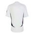 Back view of a white short-sleeved jersey with black curved panels on the sides.