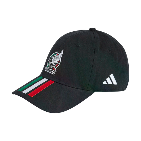 A black Adidas baseball cap with the Mexico national team crest on the front, green, white, and red stripes on the brim, and a white Adidas logo on the side.