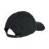 Rear-angled view of a black baseball cap featuring an adjustable back strap and a hint of a green and white brim on the side.