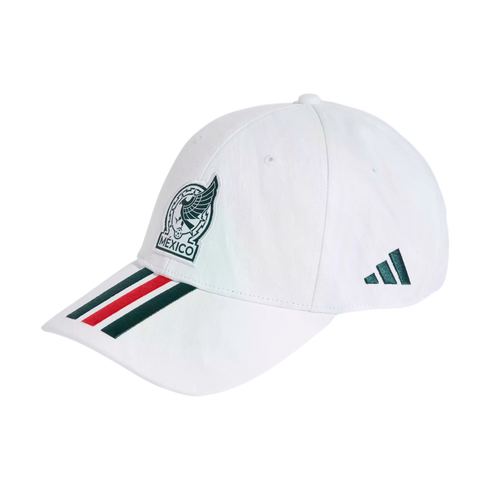 A white Adidas baseball cap featuring the Mexico national football team crest on the crown and green and red stripes on the brim.