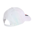 Rear view of a white baseball cap against a black background, featuring an adjustable strap and a small red, white, and blue striped detail on the side of the brim.