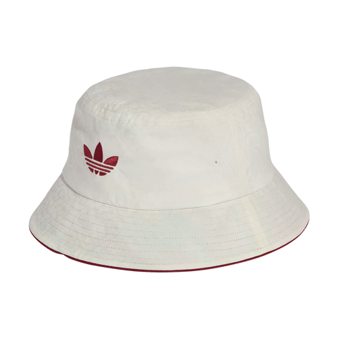 Off-white Adidas bucket hat with a burgundy trefoil logo and trim. The fabric features a subtle tone-on-tone paisley pattern.