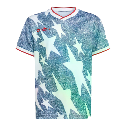 Adidas short-sleeve shirt with a teal heathered background and large white stars. Features a red logo and white v-neck collar and sleeve cuffs with red trim.