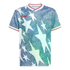 Adidas short-sleeve shirt with a teal heathered background and large white stars. Features a red logo and white v-neck collar and sleeve cuffs with red trim.