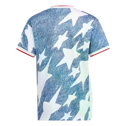 Back view of a light blue denim-textured t-shirt featuring large white stars and red and white trim on the collar and cuffs.