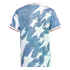 Back view of a light blue denim-textured t-shirt featuring large white stars and red and white trim on the collar and cuffs.