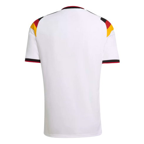 Back view of a white short-sleeved jersey with German flag colors (black, red, and yellow) on the shoulders and cuffs, displayed against a solid black background.