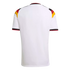 Back view of a white short-sleeved jersey with German flag colors (black, red, and yellow) on the shoulders and cuffs, displayed against a solid black background.