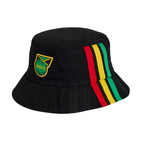 Black bucket hat featuring the Jamaica Football Federation crest on the front and vertical red, yellow, and green stripes along the side.