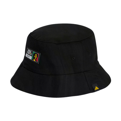 A black bucket hat featuring a patch with Bob Marley and the words "Football is Freedom," and a small yellow Adidas logo tag on the brim.