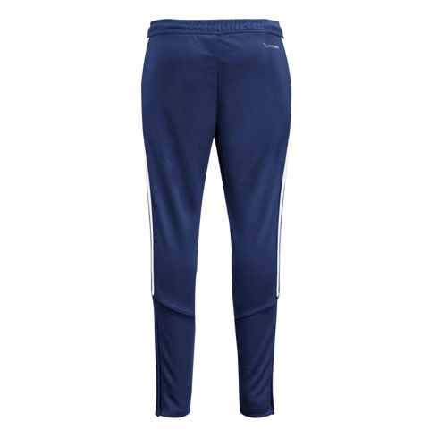 A rear view of navy blue Adidas track pants featuring three white side stripes, "CLIMACOOL" branding on the hip, mesh panels on the lower legs, and ankle zippers.