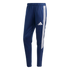 A pair of navy blue Adidas track pants with three white side stripes and a white logo on the left thigh.