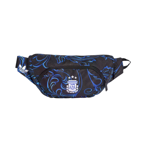 An Adidas fanny pack with a black and blue swirl pattern, featuring the Argentina National Football Team (AFA) three-star crest on the front pocket.