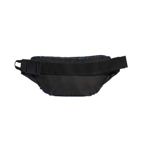 Rear view of a black waist bag with a thick adjustable strap and plastic buckle. A blue graphic pattern is visible along the top edge.