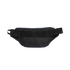 Rear view of a black waist bag with a thick adjustable strap and plastic buckle. A blue graphic pattern is visible along the top edge.