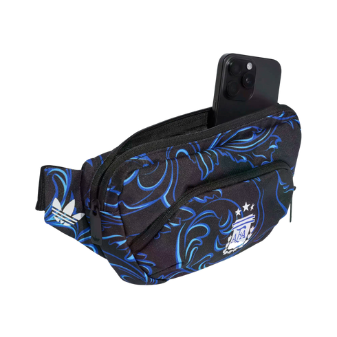 A black waist bag with blue swirl patterns, featuring white Adidas and AFA logos. A black smartphone is tucked into the open top pocket.