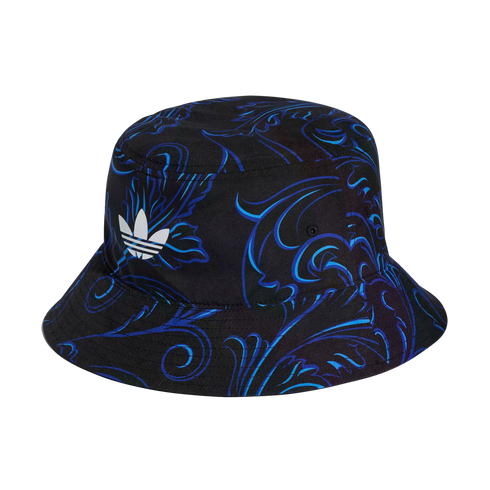 Black Adidas bucket hat with a blue and purple ornate swirl pattern and a white trefoil logo on the front.
