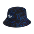 Black Adidas bucket hat with a blue and purple ornate swirl pattern and a white trefoil logo on the front.