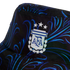 Close-up of a black bucket hat with a blue swirled pattern and the white and blue Argentine Football Association (AFA) crest with three stars.