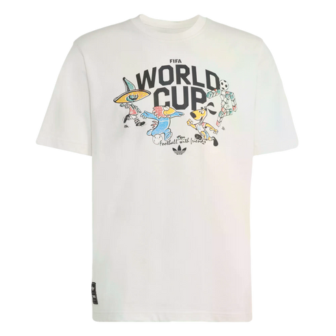 White Adidas t-shirt with "FIFA WORLD CUP" text and colorful cartoon soccer mascots. Below is the script "Football with friends" and an Adidas trefoil logo.