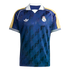 A navy blue Real Madrid football jersey with a white polo collar, yellow shoulder stripes, and a tonal diagonal pattern featuring the Adidas trefoil logo.
