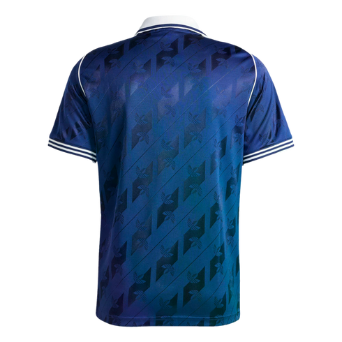 Back view of a navy blue short-sleeved jersey with a shiny geometric pattern and trefoil logos. Features a white collar and striped white trim on the sleeve cuffs.